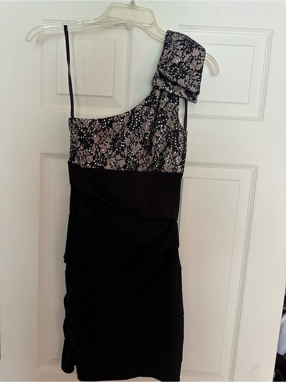 City Triangles Black One-Shoulder Beaded Cocktail Dress